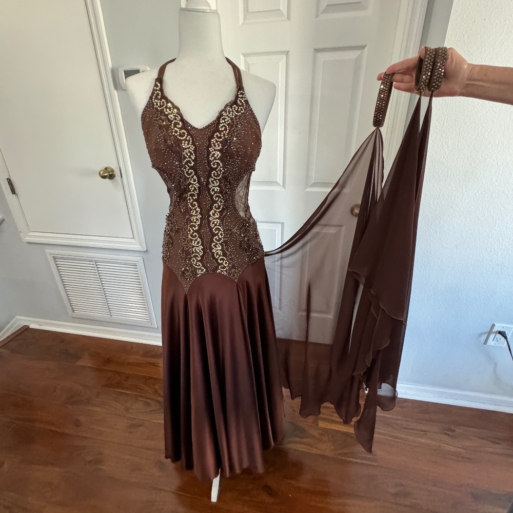 Brown Ballroom Dancing Dress Long with Attached Arm Floats